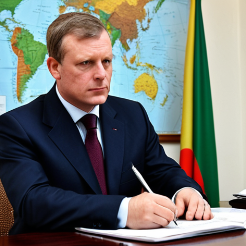 Home 11 A professional British diplomat, fully clothed in a modest, dark business suit, seated at a polished mahogany table in a stately, well-appointed office. Subtle, strategic maps of the Niger Delta region are visible in the blurred background, hinting at economic interests. The diplomat holds a pen, poised to write, with a thoughtful and focused expression. Natural pose, perfect anatomy, correct proportions, well-formed hands, proper finger count, natural body proportions, safe for work, appropriate content, fully clothed, professional, modest, family-friendly, high-quality professional photography.