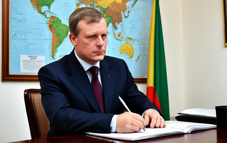 A professional British diplomat, fully clothed in a modest, dark business suit, seated at a polished mahogany table in a stately, well-appointed office. Subtle, strategic maps of the Niger Delta region are visible in the blurred background, hinting at economic interests. The diplomat holds a pen, poised to write, with a thoughtful and focused expression. Natural pose, perfect anatomy, correct proportions, well-formed hands, proper finger count, natural body proportions, safe for work, appropriate content, fully clothed, professional, modest, family-friendly, high-quality professional photography.
