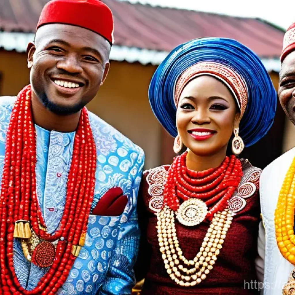 비아프라 전통 의상 - **Vibrant Igbo Wedding Celebration:** A joyous scene at a traditional Igbo wedding. The bride is ele...