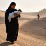 비아프라 전쟁 당시 난민촌 현황 - **Prompt:** A young mother, dressed in simple, modest, and clean but worn traditional clothing, is w...