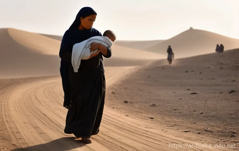 비아프라 전쟁 당시 난민촌 현황 - **Prompt:** A young mother, dressed in simple, modest, and clean but worn traditional clothing, is w...