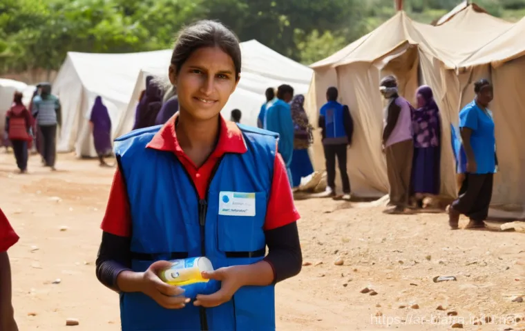 비아프라 전쟁 당시 난민촌 현황 - **Prompt:** A group of children of various ages (toddlers to early teens) are gathered within a refu...