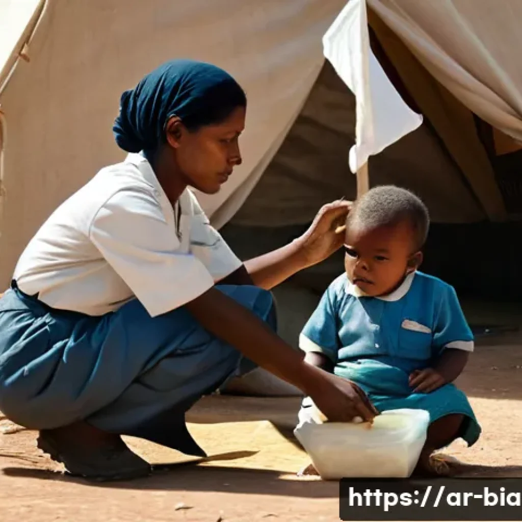 비아프라 전쟁과 국제 평화 유지 활동 - **Prompt:** A poignant, photo-realistic depiction of a makeshift medical camp during a humanitarian ...