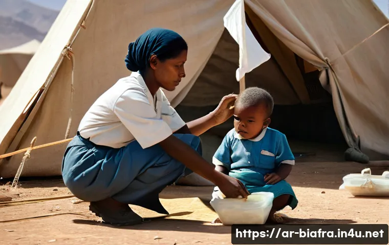 비아프라 전쟁과 국제 평화 유지 활동 - **Prompt:** A poignant, photo-realistic depiction of a makeshift medical camp during a humanitarian ...