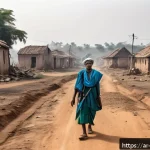 Home 21 비아프라 전쟁 당시 식량난 - A detailed scene depicting a rural Biafra village during conflict, showing abandoned farmlands and b...