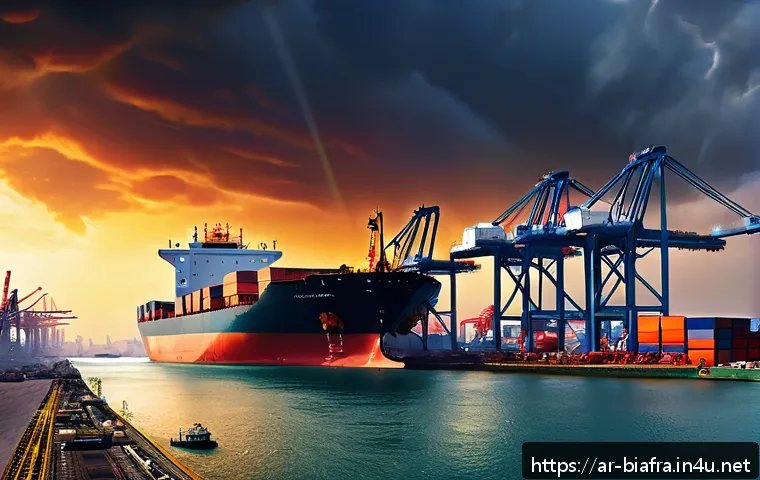 비아프라 전쟁과 석유 수출 영향 - A detailed digital painting of a bustling Middle Eastern oil export port during a geopolitical confl...