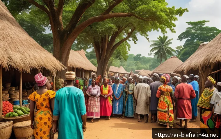 비아프라와 이그보 민족 - A vivid historical scene depicting the traditional Igbo society before colonial times: a bustling vi...