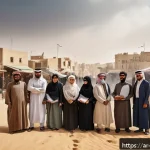 Home 18 비아프라 전쟁과 미디어 검열 - A detailed scene depicting a Middle Eastern conflict zone with local Arabic journalists wearing mode...