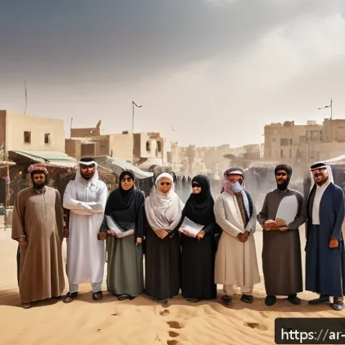 Home 30 비아프라 전쟁과 미디어 검열 - A detailed scene depicting a Middle Eastern conflict zone with local Arabic journalists wearing mode...