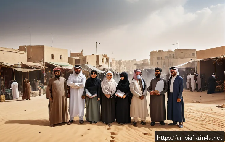 비아프라 전쟁과 미디어 검열 - A detailed scene depicting a Middle Eastern conflict zone with local Arabic journalists wearing mode...
