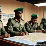 Home 23 비아프라 전쟁과 나이지리아의 군사 개혁 - A detailed illustration of a Nigerian military restructuring scene post-Biafra War, featuring divers...