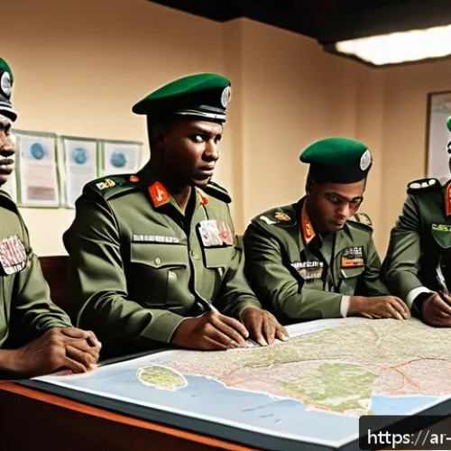 Home 17 비아프라 전쟁과 나이지리아의 군사 개혁 - A detailed illustration of a Nigerian military restructuring scene post-Biafra War, featuring divers...