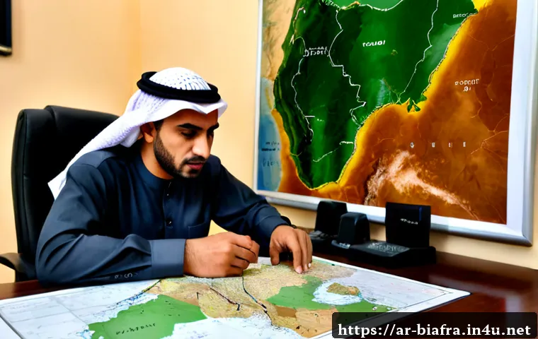 비아프라 공화국과 보코하람 관계 - Photorealistic documentary-style scene of a neutral Arab news analyst in a modest modern newsroom st...